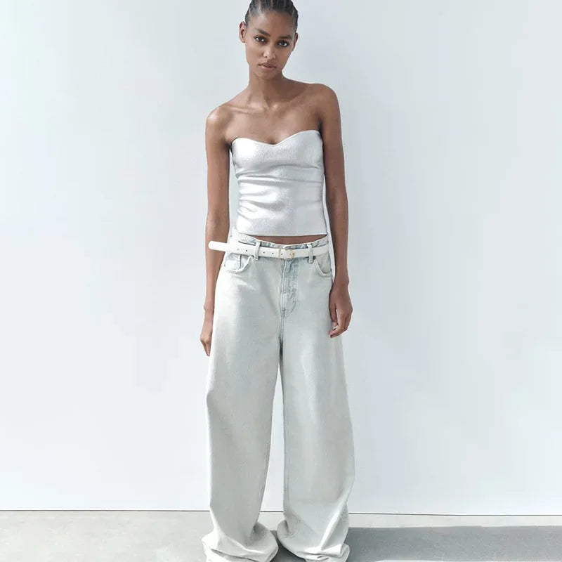 Dames Top – Strapless Metallic Partytop met Glanzende Afwerking