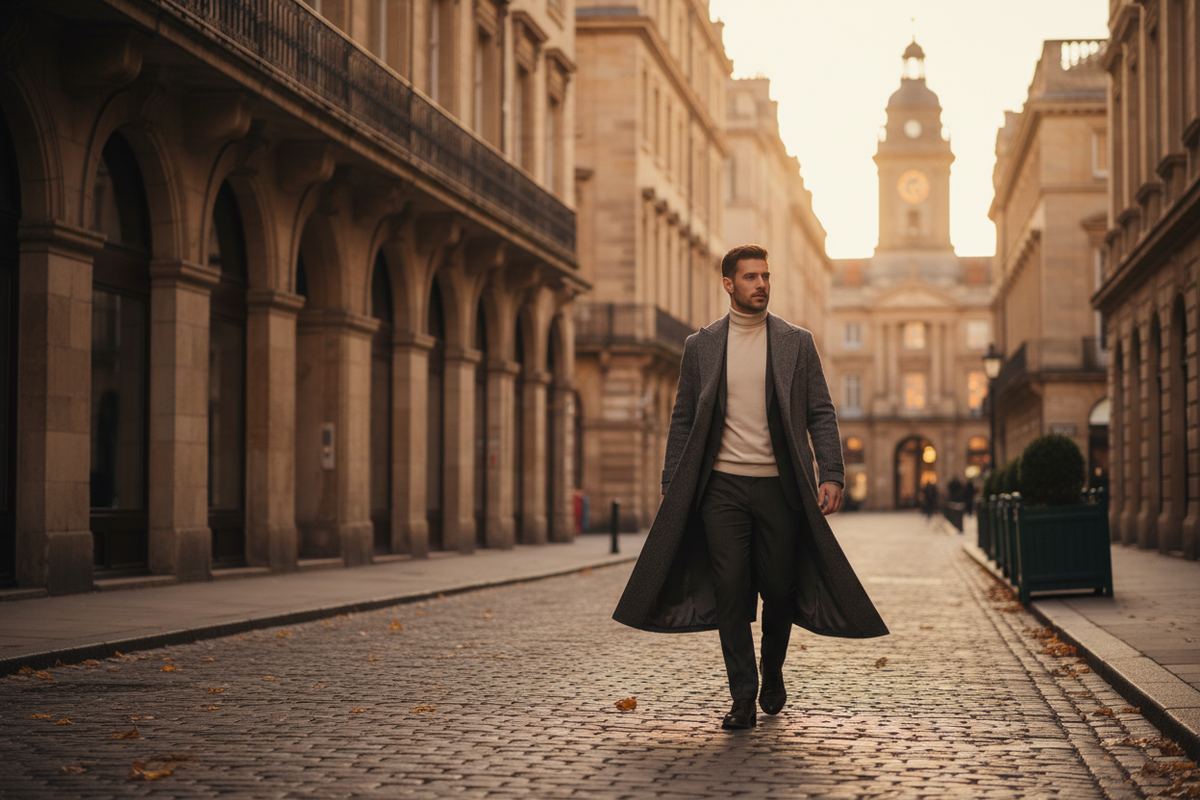 Man in een overjas op een stadsstraat — herenjassen bij Mexie Amsterdam