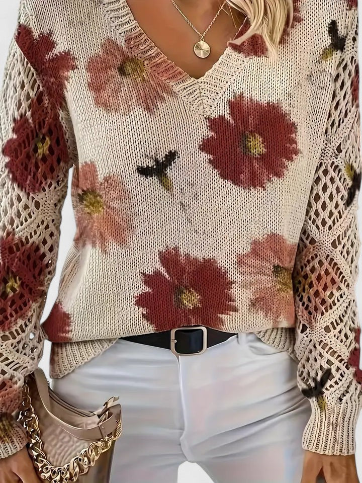 Trui Dames | Luchtige Gebreide Trui met Bloemenprint