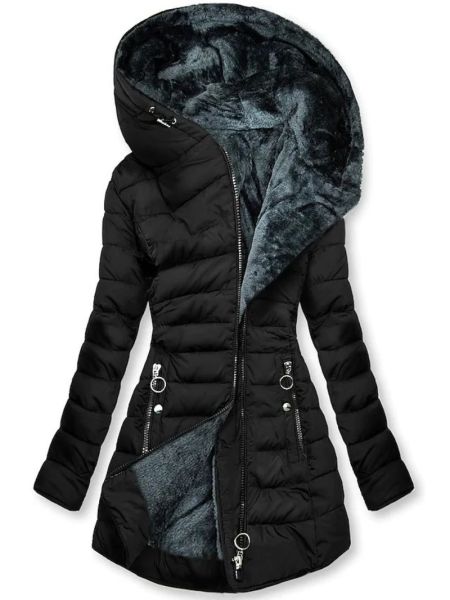 Dames Warme Lange Jas – Zwart, Gewatteerd, Ideaal voor Koude Seizoenen en Casual Outfits
