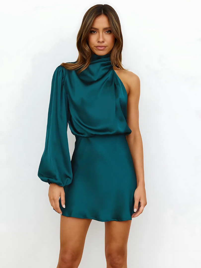 Dames One-Shoulder Jurk – Asymmetrisch Design – Lange Mouw – Luxe Satijnlook – Getailleerd
