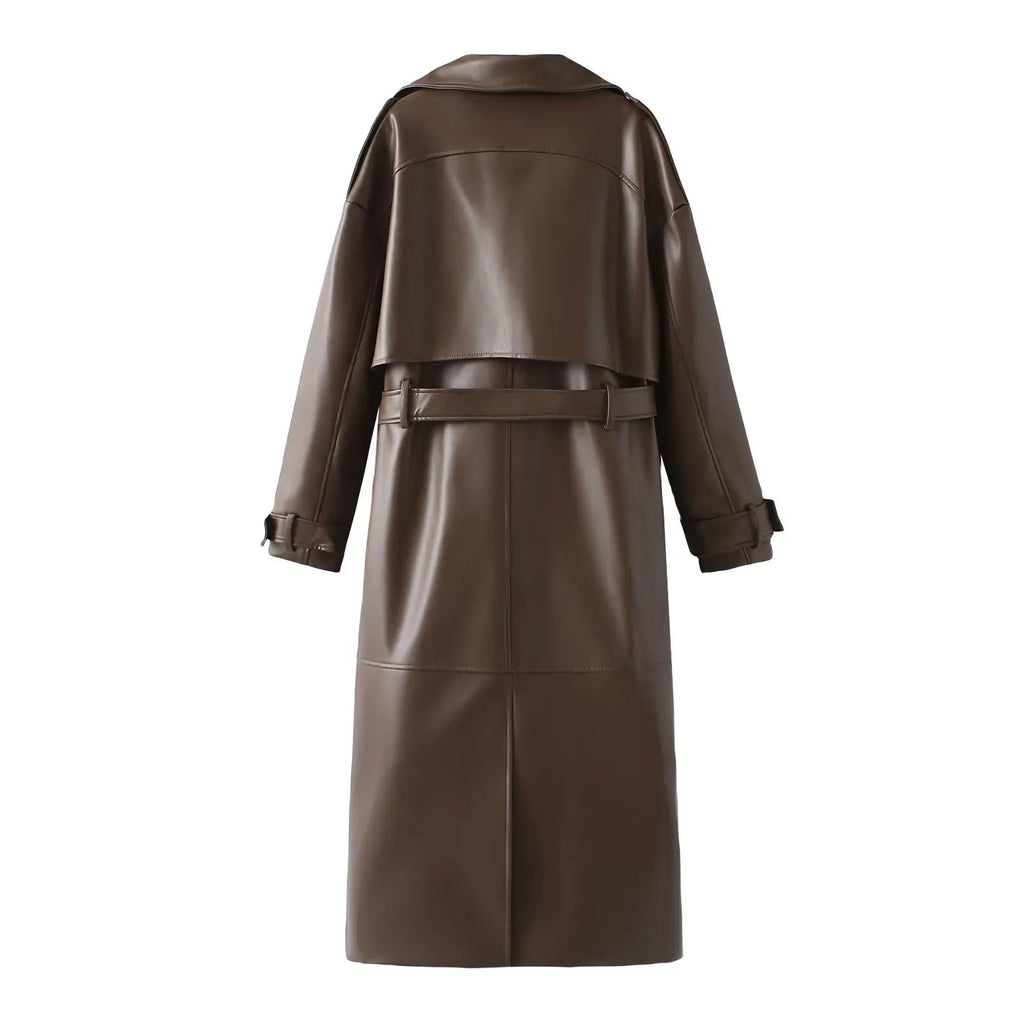 Dames Lange Jas – Bordeauxrode Faux Leather Coat met Retro Silhouet en Tailleceintuu