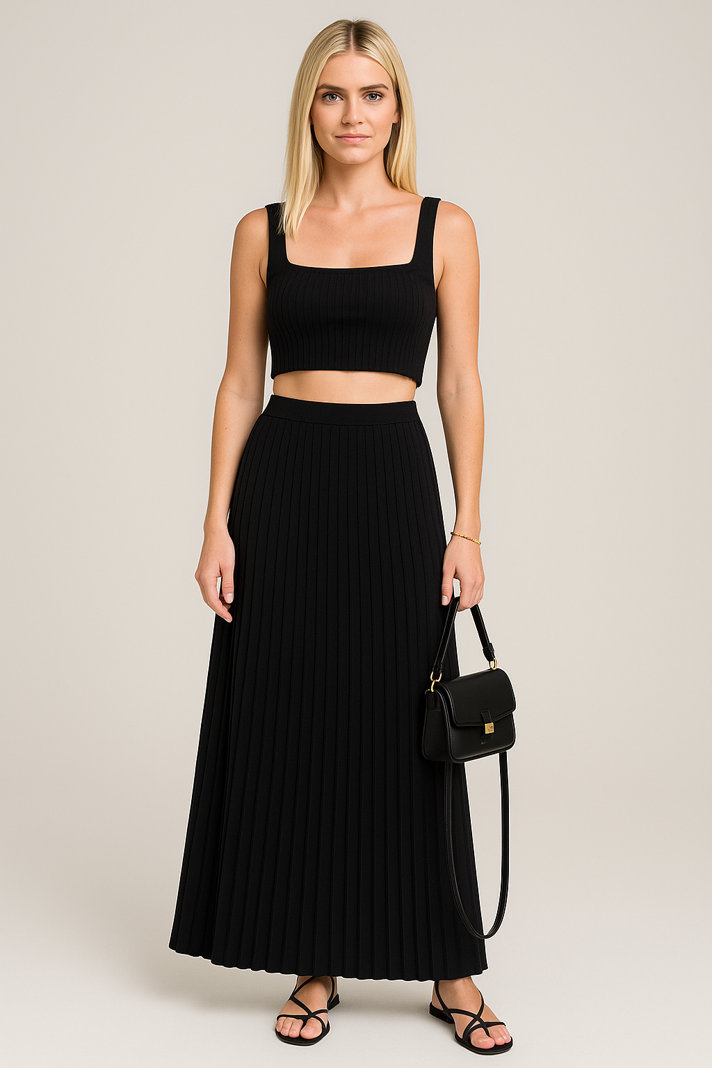 Mette | Dames Set Top en Plissé Maxi Rok – Slim Fit Gebreide Crop Top – Zachte Stretchstof