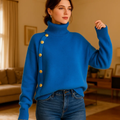 Dames Trui met Knopen – Effen Beige, Ronde Hals, Casual Knitwear voor Herfst en Winter