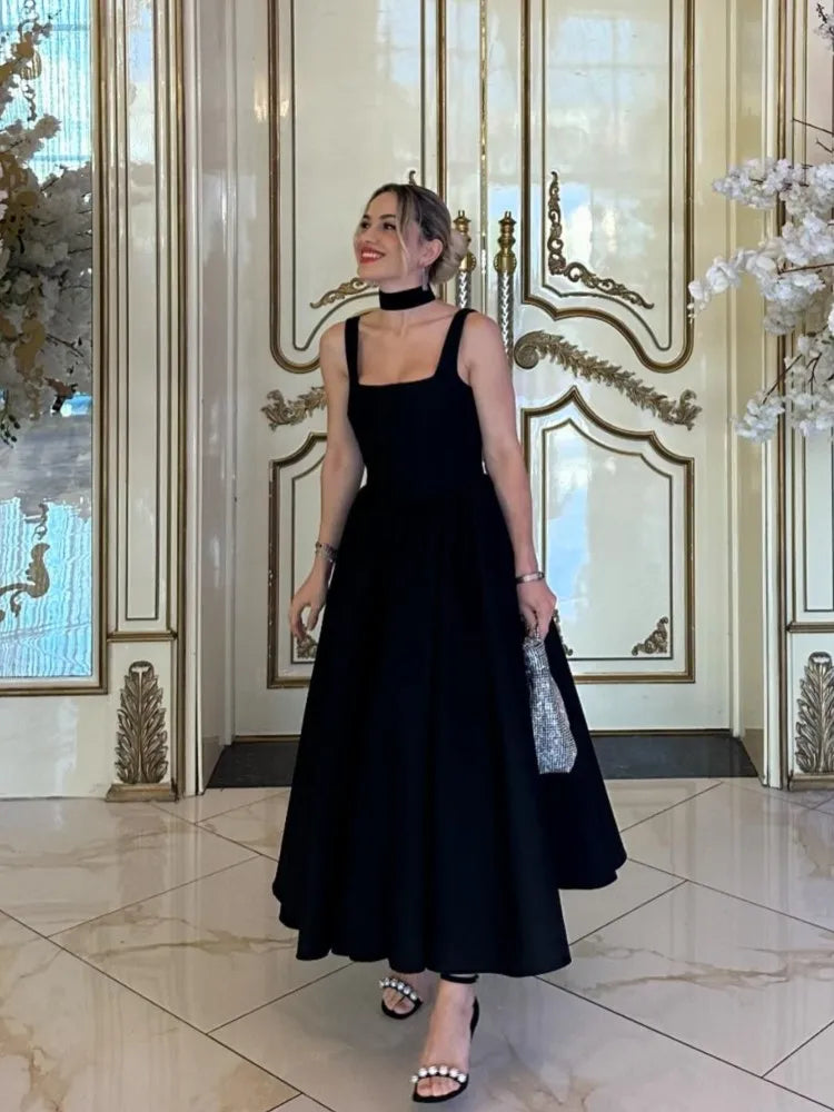 Dames Jurk – Mouwloos – A-lijn Midi – Vierkante Hals – Elegante Tailleaccentuatie