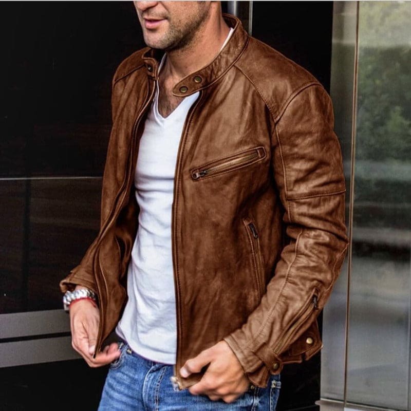 Heren Slim Fit Jas – Met Rits en Opstaande Kraag, Geschikt voor Biker en Casual Gebruik