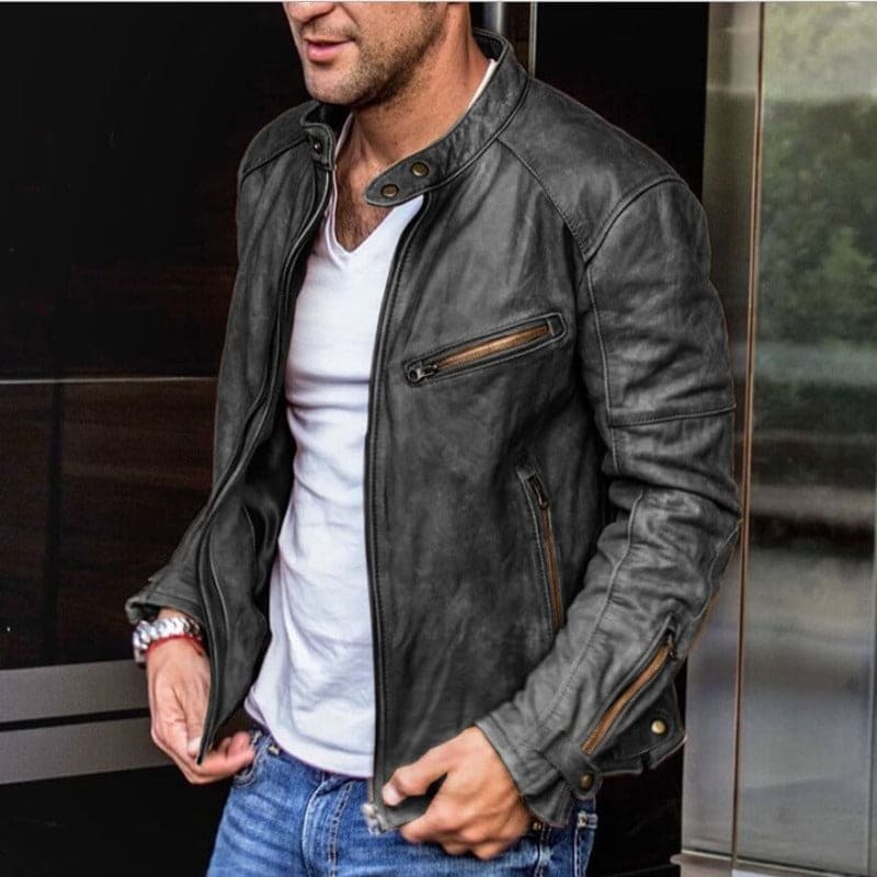 Heren Slim Fit Jas – Met Rits en Opstaande Kraag, Geschikt voor Biker en Casual Gebruik