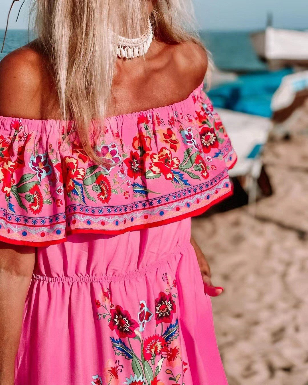 Miranda | Dames Maxi Jurk – Off-Shoulder Ruffle – Bloemenprint – Gelaagde Rok