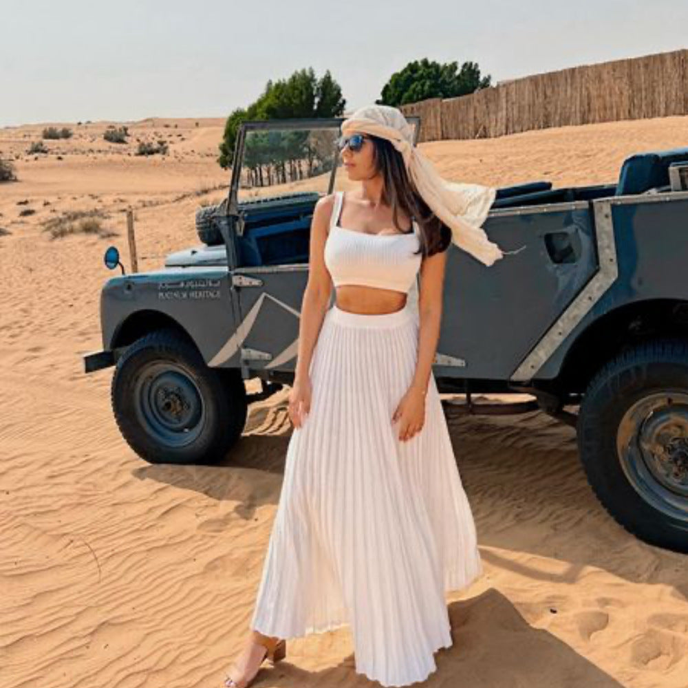 Mette | Dames Set Top en Plissé Maxi Rok – Slim Fit Gebreide Crop Top – Zachte Stretchstof