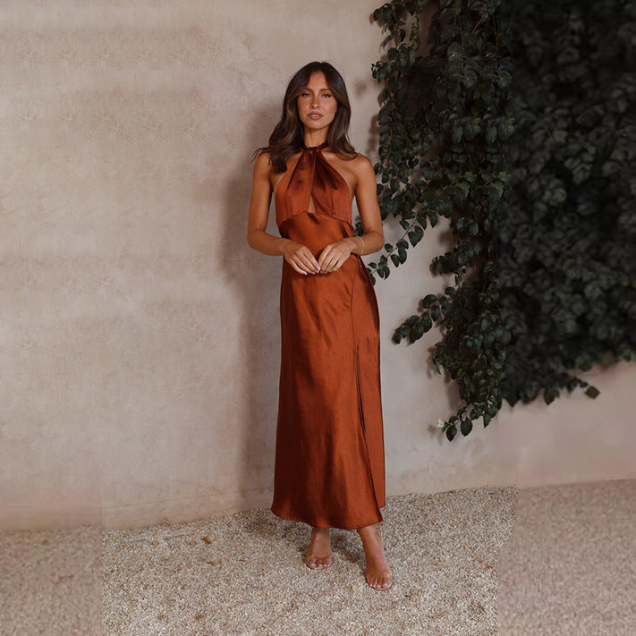 Douwe | Dames Galajurk - Halternek, Fitted Taille, Luxe Glanzende Stof, Maxi Lengte