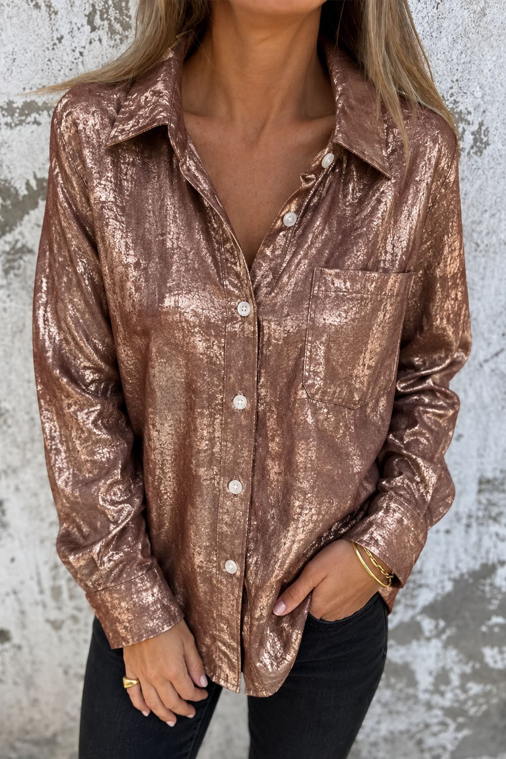 Casual Blouse met Bronzing Patroon | Damesblouse met Patchwork en Omgeslagen Kraag