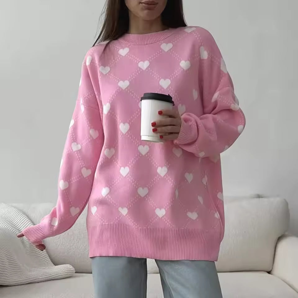 Dames Oversized Trui – Zwart met Hartjesprint, Warm en Casual voor de Winter