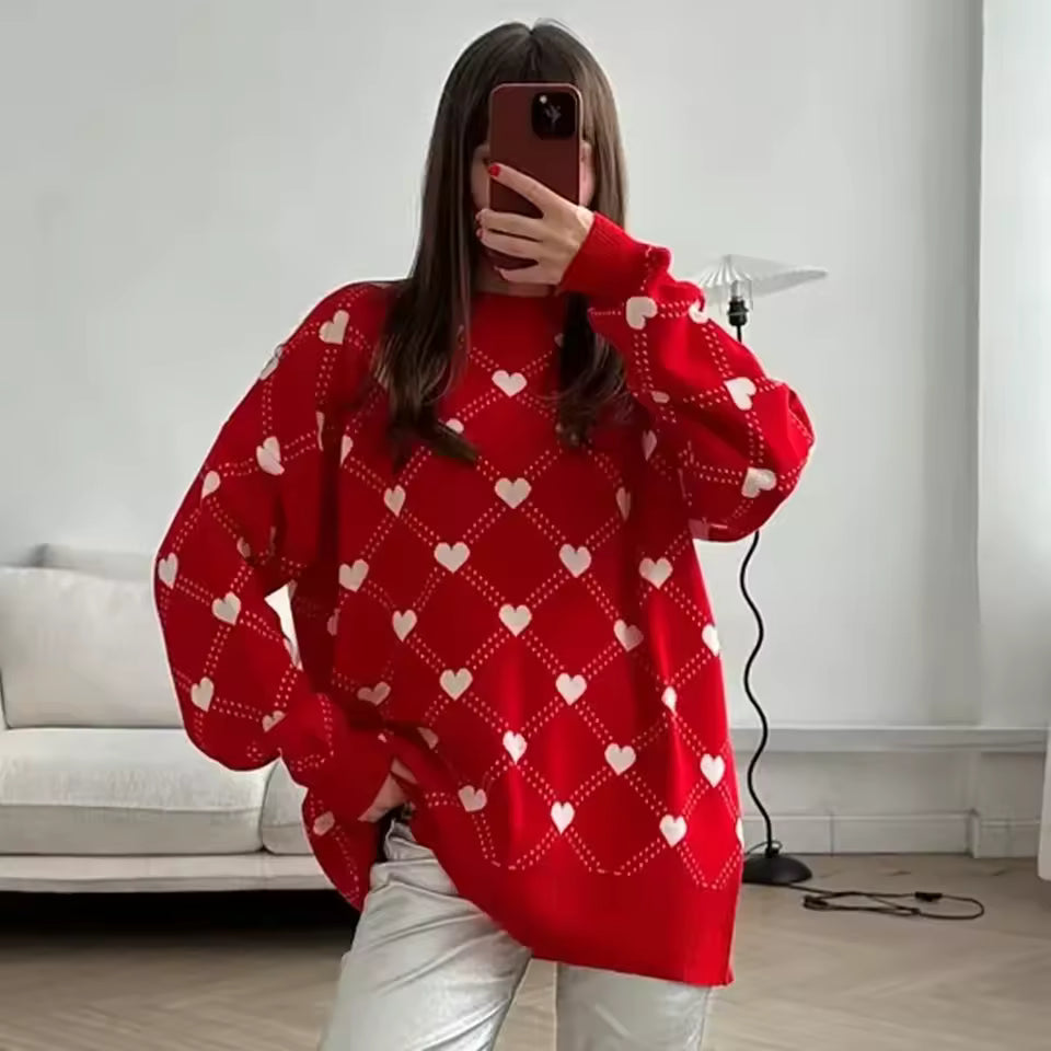 Dames Oversized Trui – Zwart met Hartjesprint, Warm en Casual voor de Winter