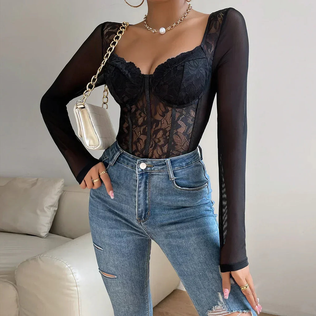 Francien | Dames Kantbody met Lange Mouwen – Elegant Mesh Detail