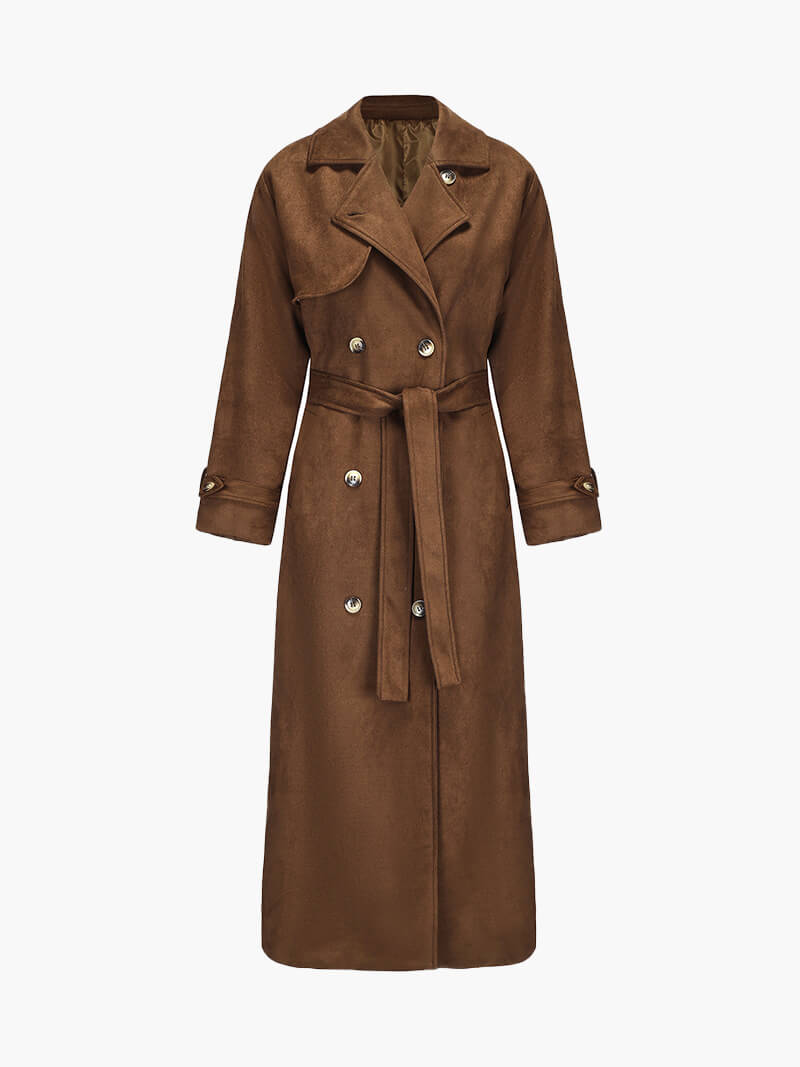 Nadine Dames Lange Suede Trenchcoat met Tailleceintuur Bruin
