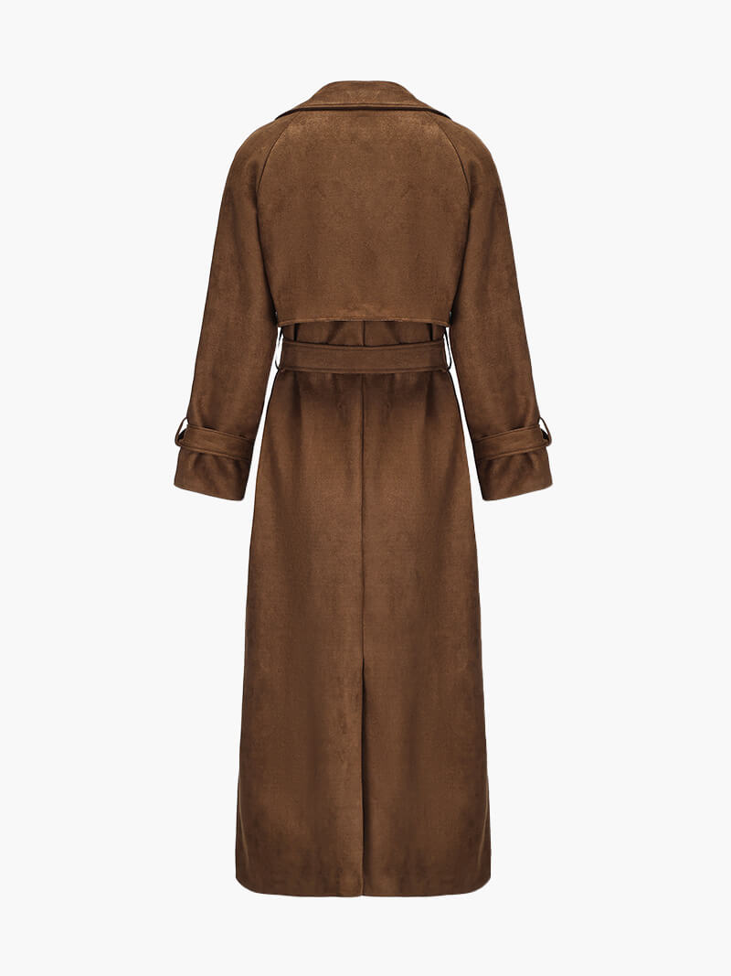 Nadine Dames Lange Suede Trenchcoat met Tailleceintuur Bruin