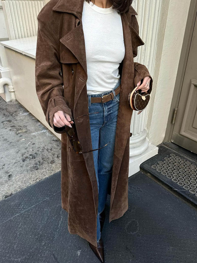 Nadine Dames Lange Suede Trenchcoat met Tailleceintuur Bruin