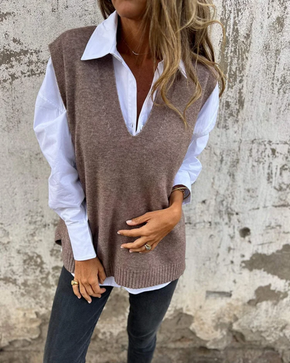 Dames Zachte Gebreide Vest – Tijdloze V-hals, Effen Kleur, Casual Damesmode voor Herfst en Winter