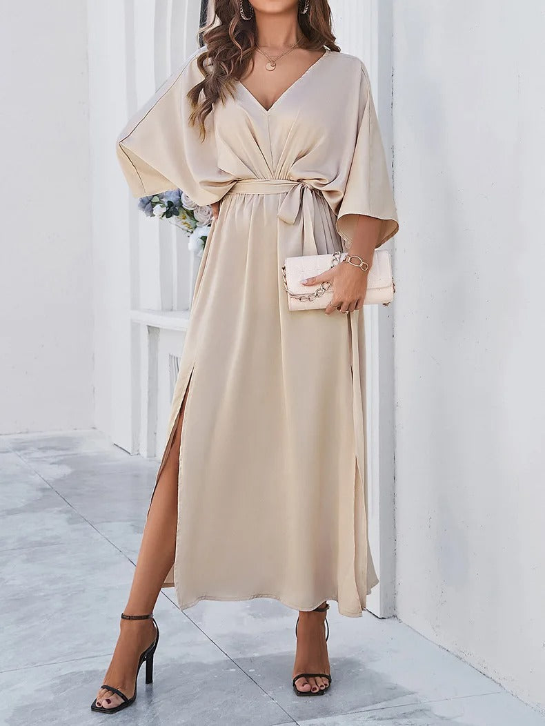 Dames Losse Pasvorm Maxi Jurk – Met V-hals en Strikceintuur, Geschikt voor Zomergebruik