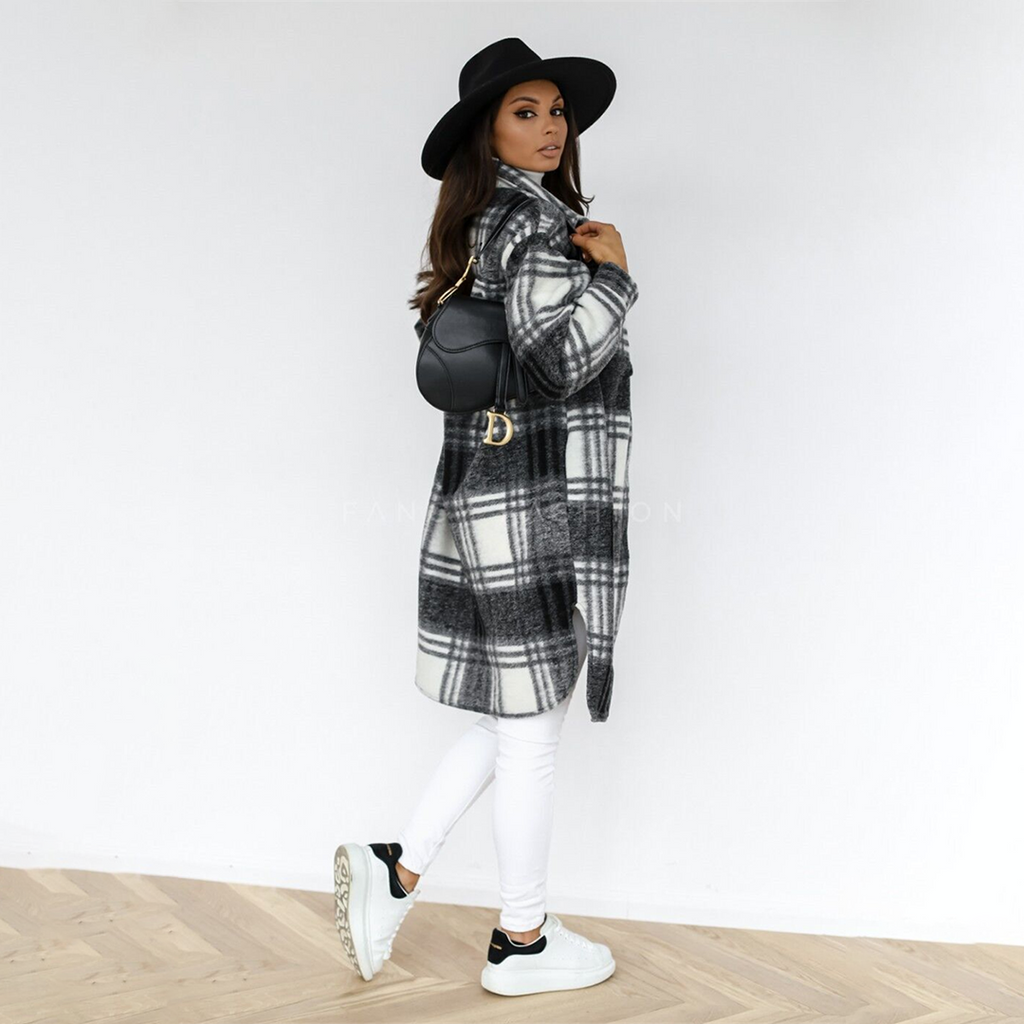 Candy | Dames lange jas met geruite print en elegante pasvorm