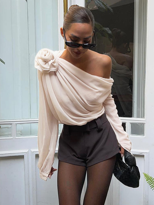 Claire - Chiffon semi-sheer One Shoulder Asymmetrische Blouse