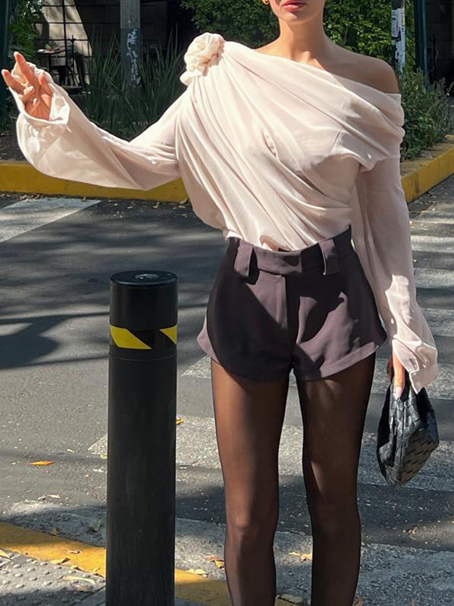 Claire - Chiffon semi-sheer One Shoulder Asymmetrische Blouse