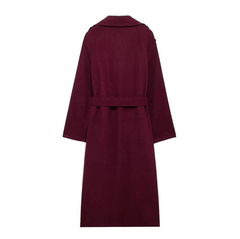Romee Mantel | Dames burgundy jas met ceintuur en dubbele knopenrij