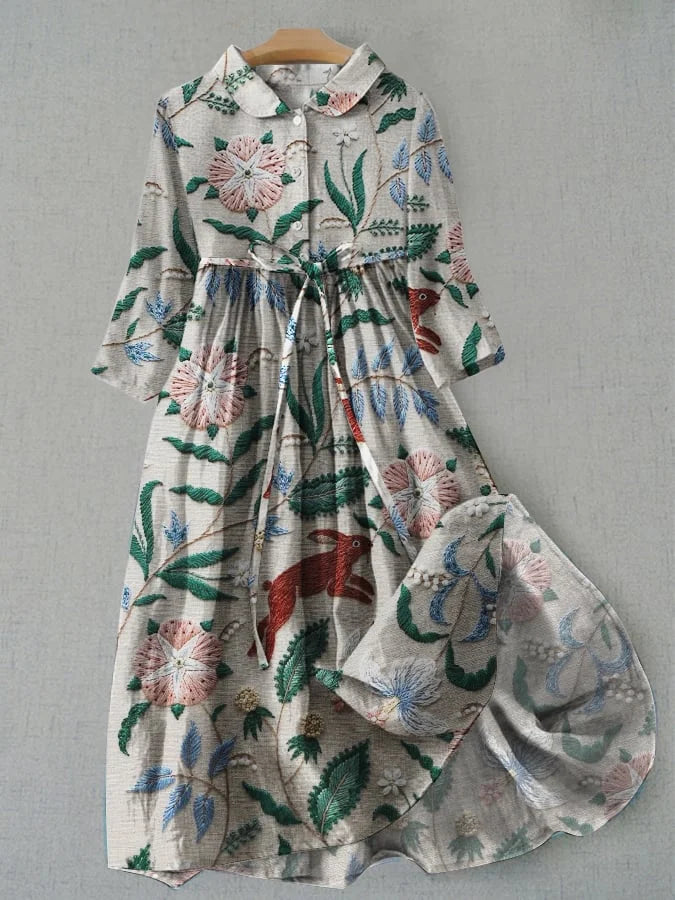 Thera | Midi-jurk voor dames met botanische print en verstelbare taille – vintage stijl