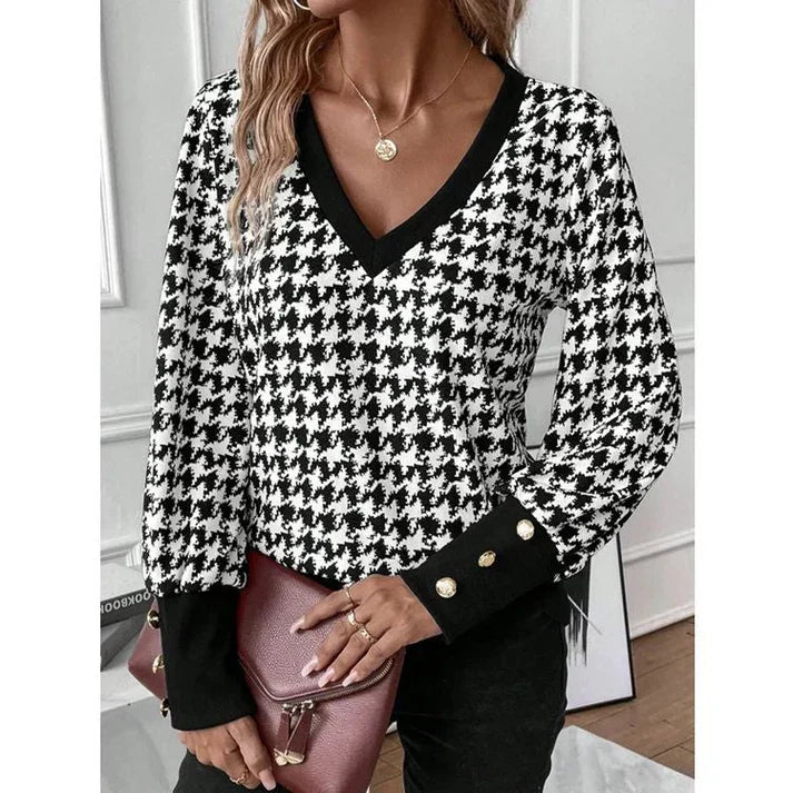 Elegante v-hals trui met lange mouwen en ruitjes