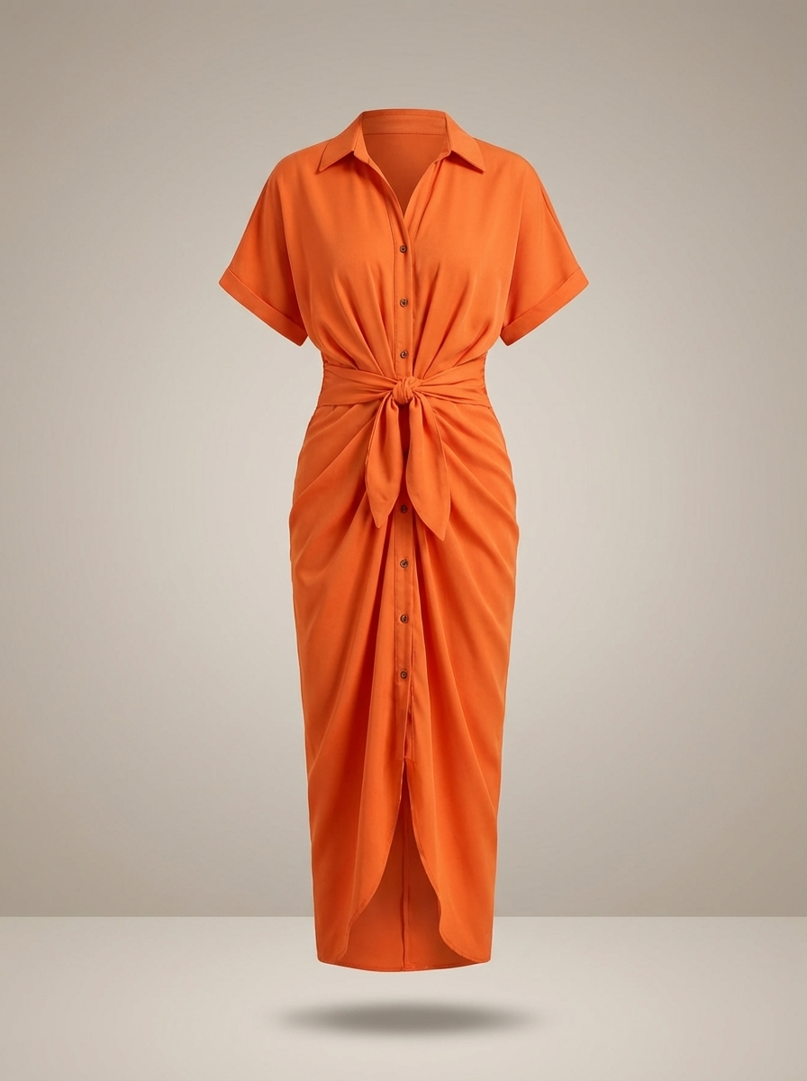 Dames Getailleerde Midi Jurk – Met Taille Strik en Knoopsluiting, Geschikt voor Casual en Werk