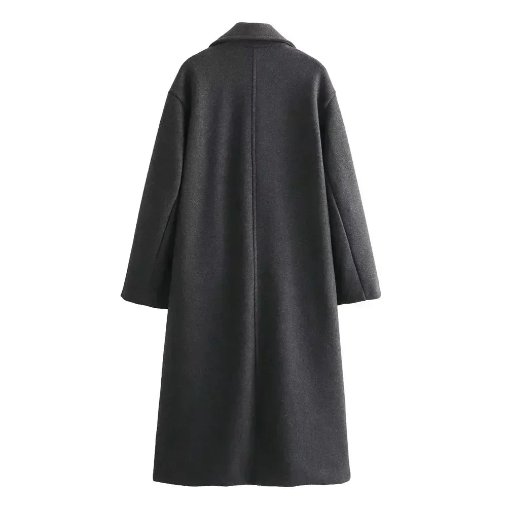 Dames Lange Double-Breasted Coat met Brede Reverskraag