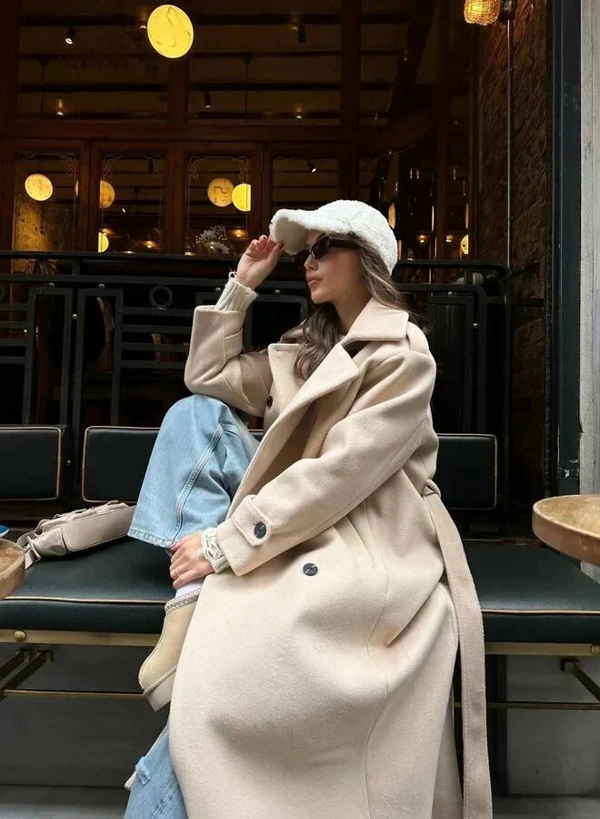 Dames Lange Double-Breasted Coat met Brede Reverskraag