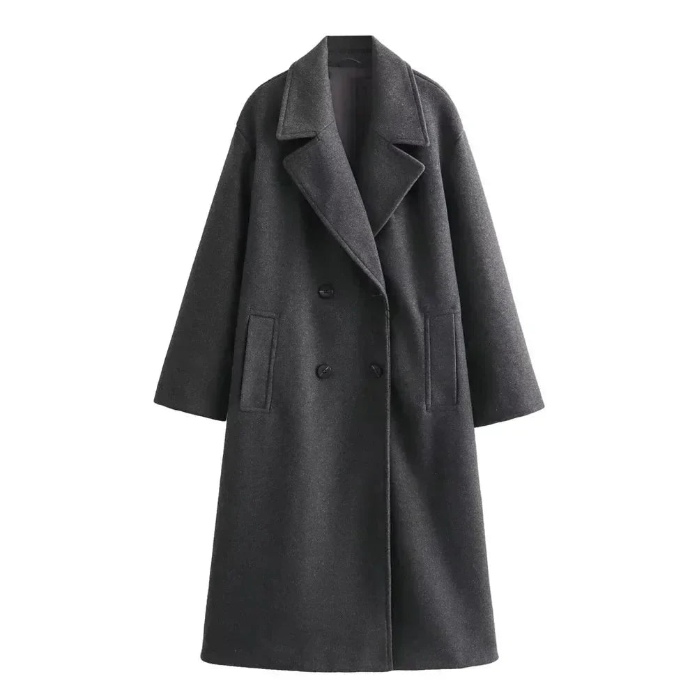 Dames Lange Double-Breasted Coat met Brede Reverskraag