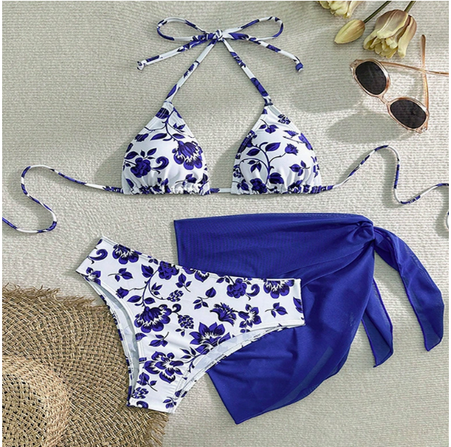 Chique Bikini Set met Bloemenprint en Halternek | Blauw/Wit