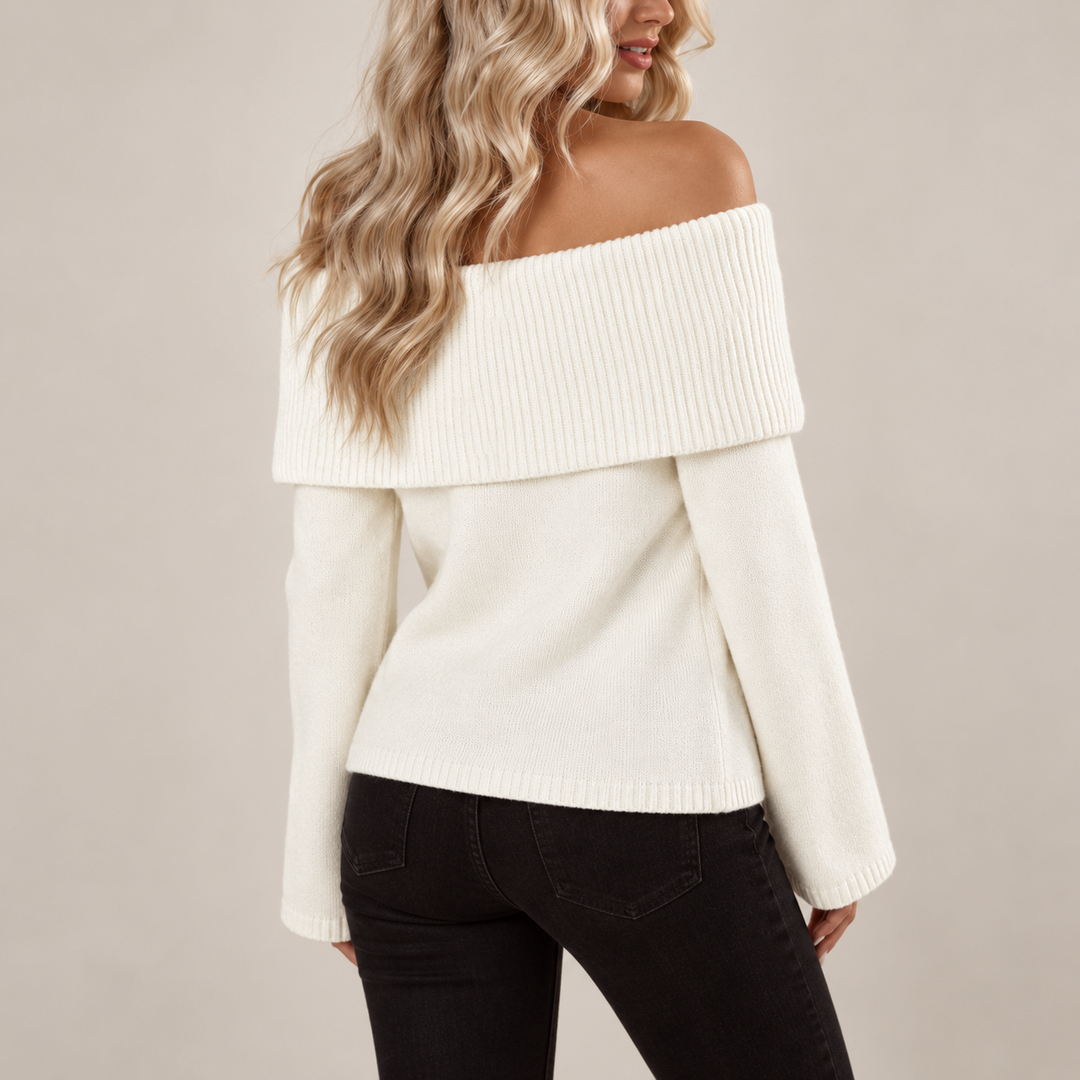 Basia off-shoulder trui dames | Witte fluffy trui met luxe comfort