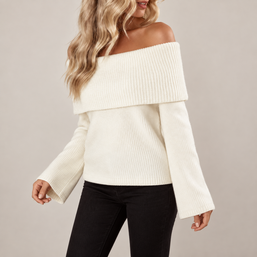 Basia off-shoulder trui dames | Witte fluffy trui met luxe comfort