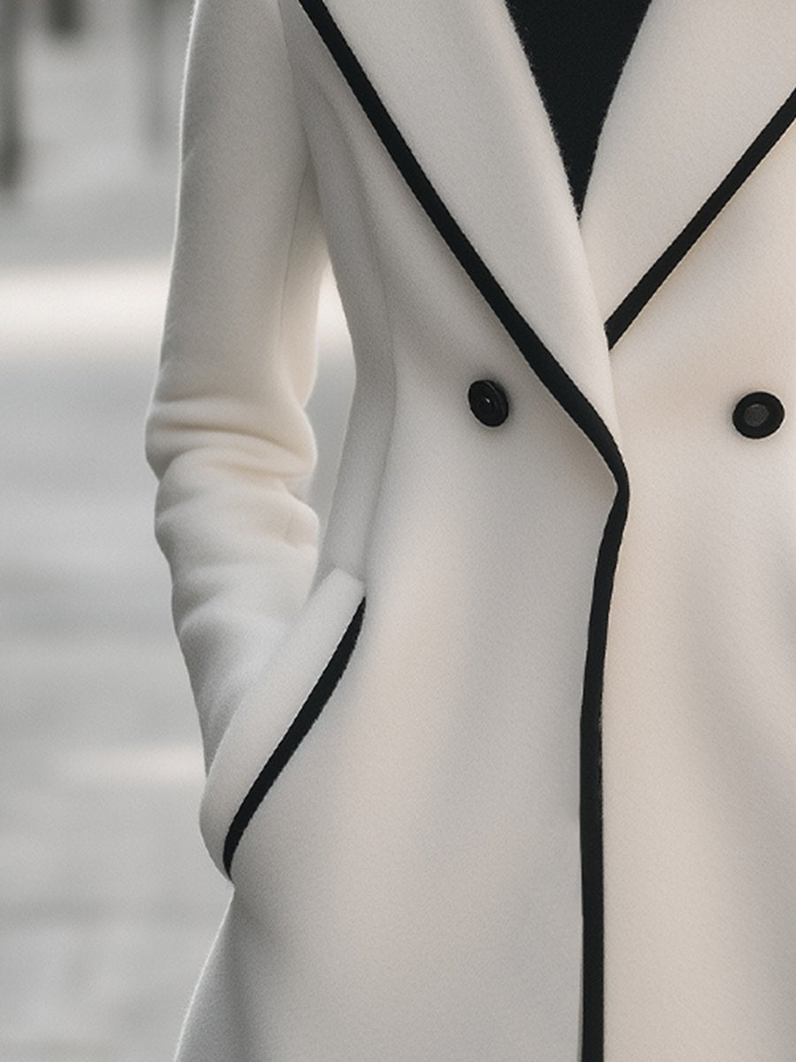 Dames Lange Manteljas – Winterjas met Zwarte Details, Lang Model voor Herfst en Winter
