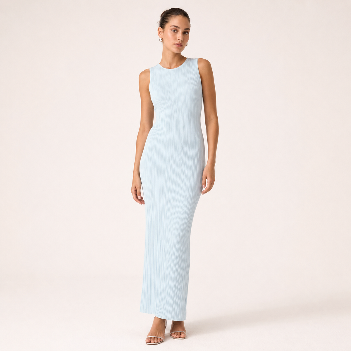 Dione | Dames Midi Jurk - Slim Fit, Mouwloos, Water Ripple Textuur met Open Rug