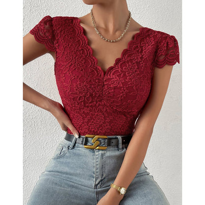 Risha - Bodycon Korte Mouw V-Hals Kant Bodysuits