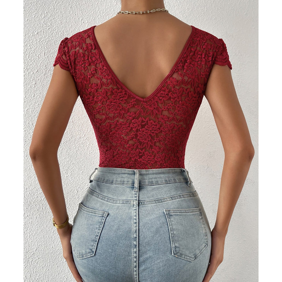 Risha - Bodycon Korte Mouw V-Hals Kant Bodysuits