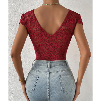 Risha - Bodycon Korte Mouw V-Hals Kant Bodysuits