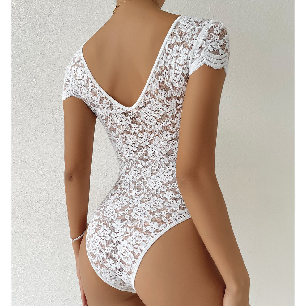Risha - Bodycon Korte Mouw V-Hals Kant Bodysuits