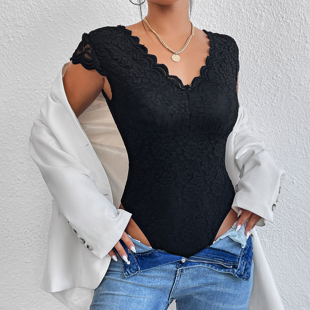 Risha - Bodycon Korte Mouw V-Hals Kant Bodysuits