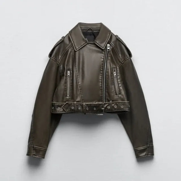 Sharon Cropped Jacket Dames | Kunstleren Jas met Riem en Moderne Pasvorm