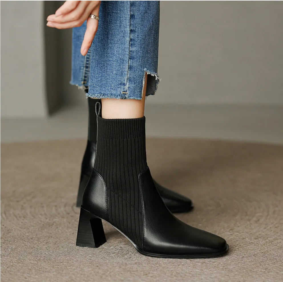 Skylar chelsea laarzen dames | Vegan leren laarzen met hak en gestreept design