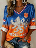 Dames Getailleerde Oranje WK Top – V-hals, Geschikt voor Casual en Dagelijks Gebruik
