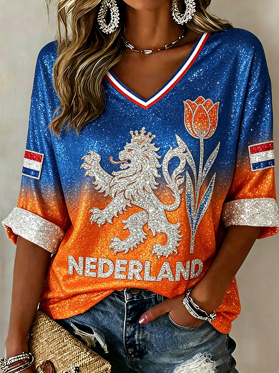 Dames Getailleerde Oranje WK Top – V-hals, Geschikt voor Casual en Dagelijks Gebruik