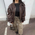 Trendy Bruine Bomberjas | Dames oversized jas van imitatieleer met vintage details