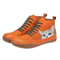 Women's Cat Print Lace-Up Leather Ankle Boots - Orange
