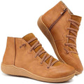 Women's Flat Lace-Up Side-Zip Faux Leather Ankle Boots - Brown